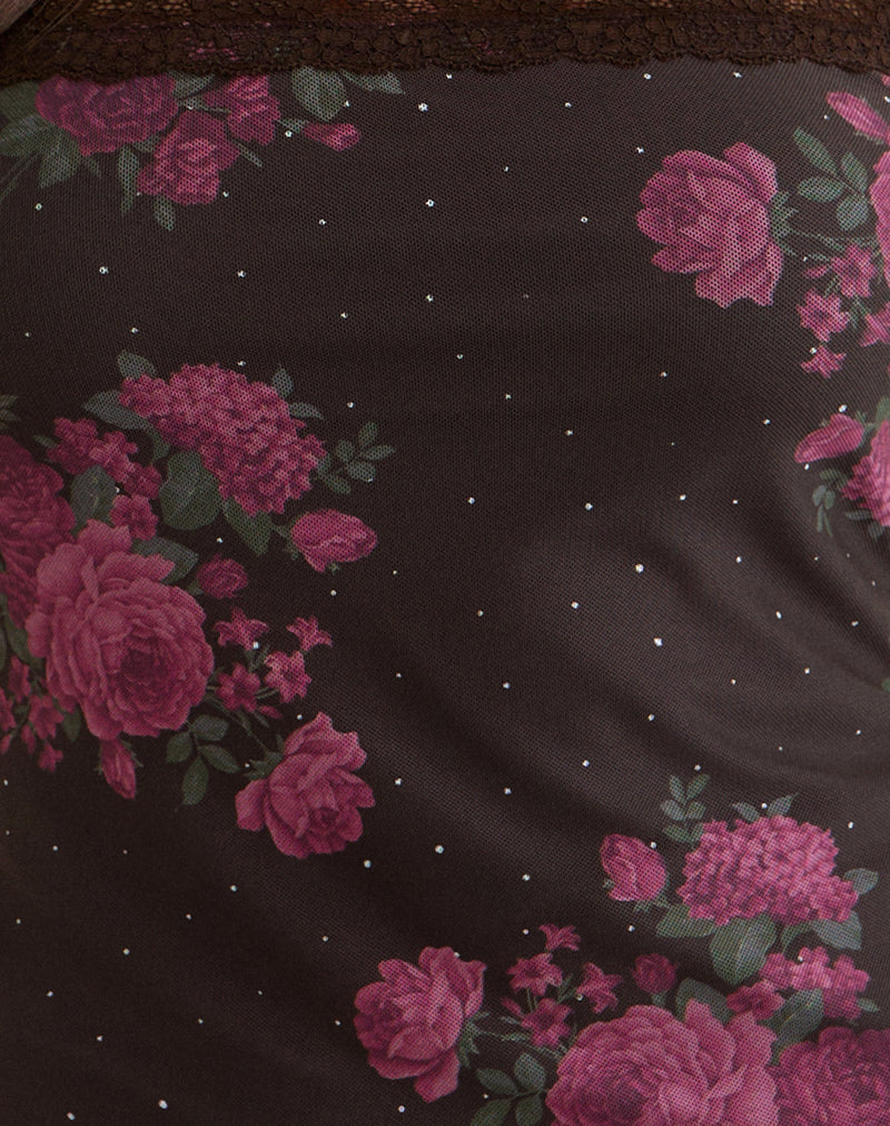 Anoda Cami Top in Brown with Pink Polka Dots and Roses Print