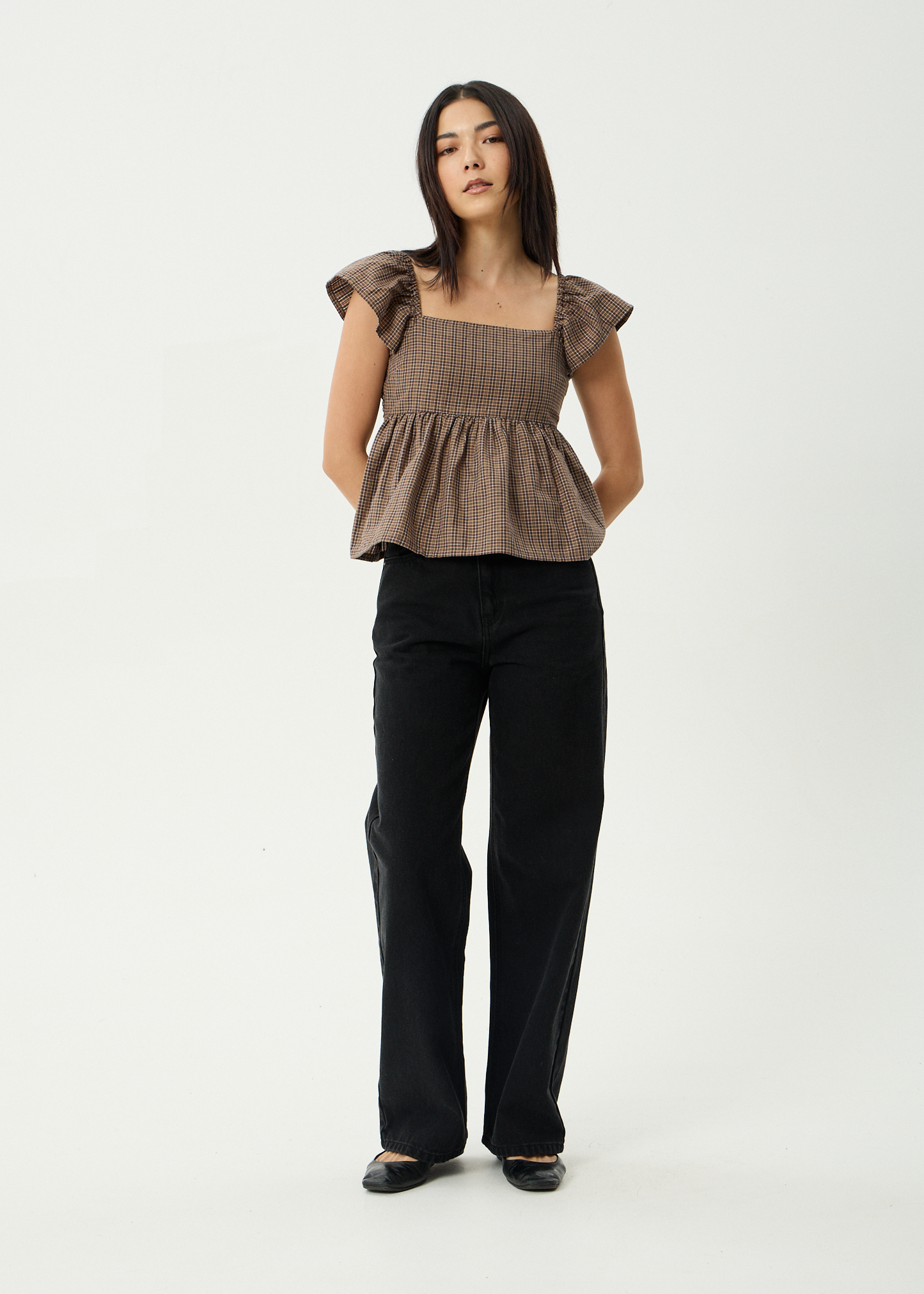 AFENDS Womens Hometown - Check Top - Coffee