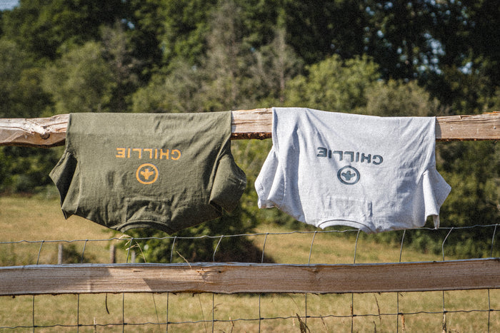 Logo Tee in Forest and Sea Fog, both hung over a post and rail fence in summer.