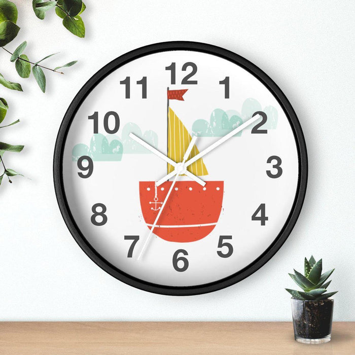 Kids Wall Clock Nautical Red Sailboat, Large Clock Silent No Ticking, Nursery Wall Clock, Childrens Wall Clock, Kids Bedroom Wall Decor, Nursery Wall Decor, Made in the USA | Pippa + June