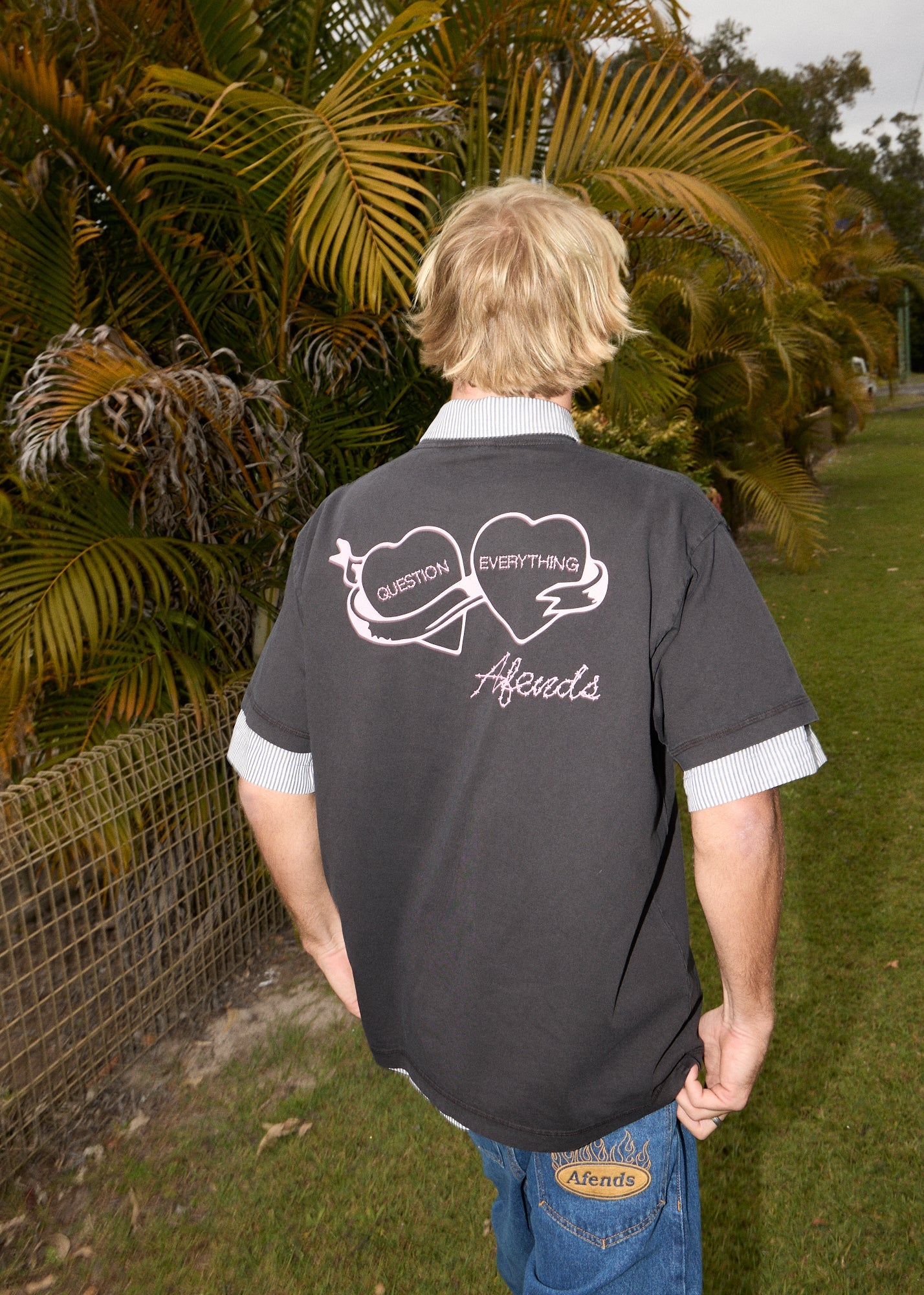 AFENDS Mens Valentine - Heavyweight Boxy Tee - Stone Black