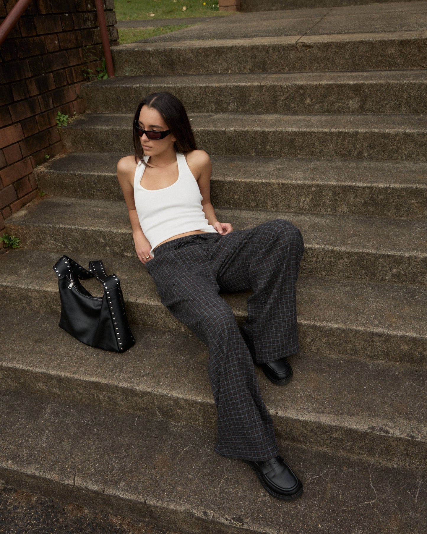 AFENDS Womens Dusk - Seersucker Check Pant - Black Check