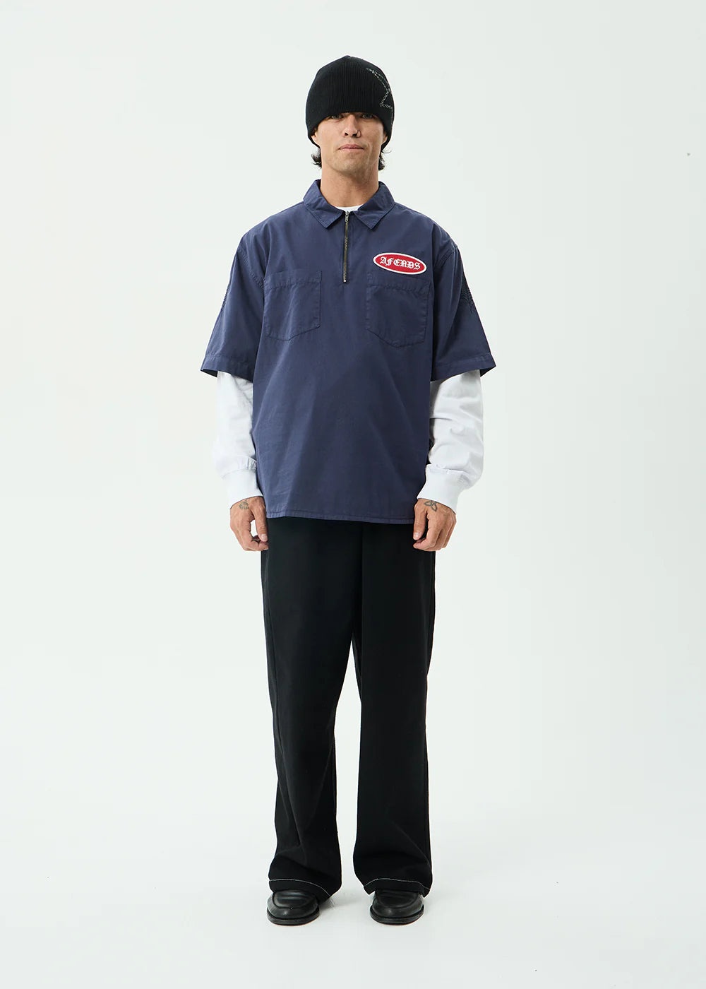 AFENDS Mens Supply - Workwear Short Sleeve Shirt - Washed Deep Sea