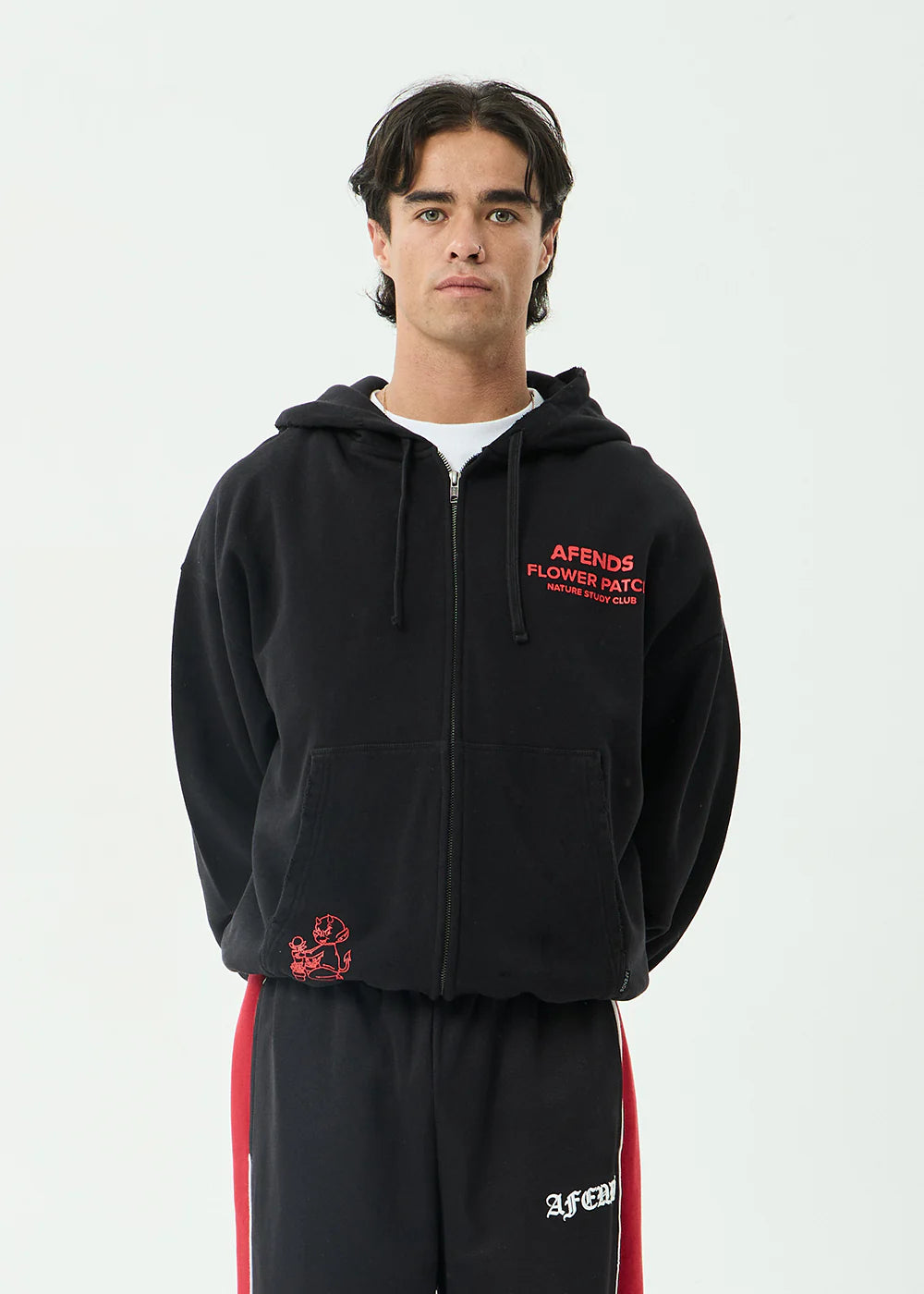 AFENDS Mens Flower Patch - Boxy Zip Hood - Stone Black