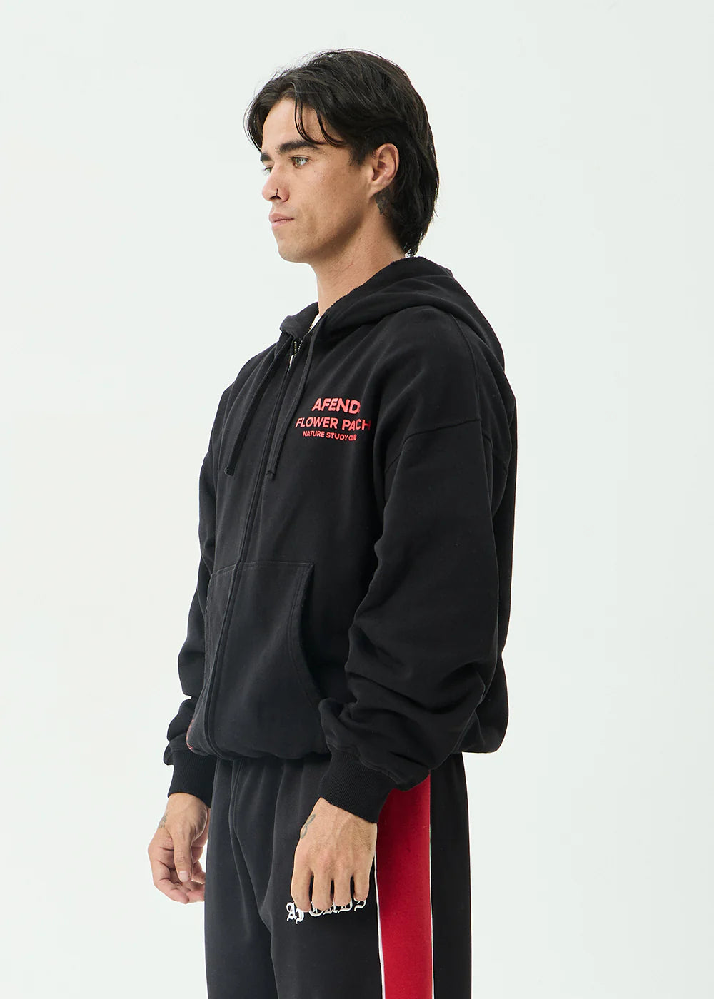 AFENDS Mens Flower Patch - Boxy Zip Hood - Stone Black