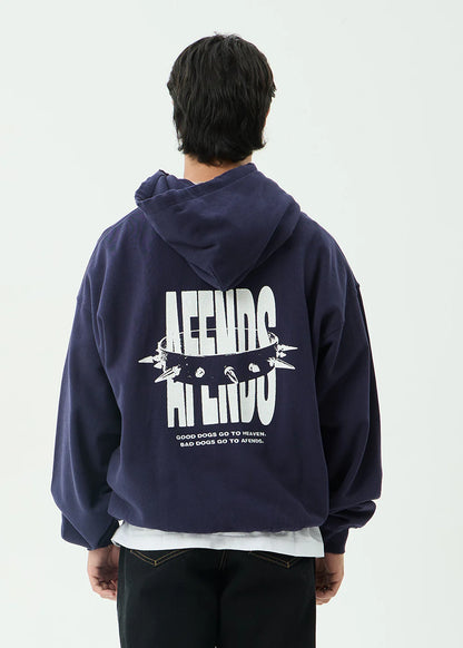 AFENDS Mens Bad Dog - Boxy Pull On Hood - Washed Deep Sea