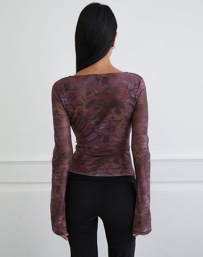 Aifee Long Sleeve Top in Mesh Blurry Floral Burgundy