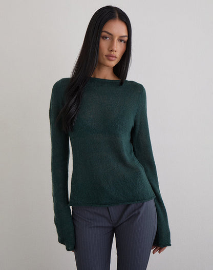 Aika Long Sleeve Top in Sheer Knit Dark Green