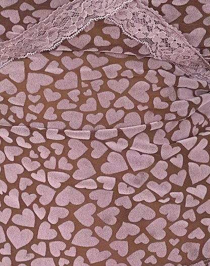 Alcesta Top in Brown Flock Mesh with Pink Heart Print