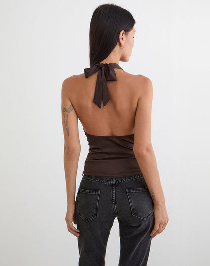 Amuri V-Neck Top in Satin Dark Brown