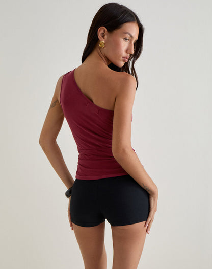 Arika Asymmetric Cut Out Top in Cupro Burgundy