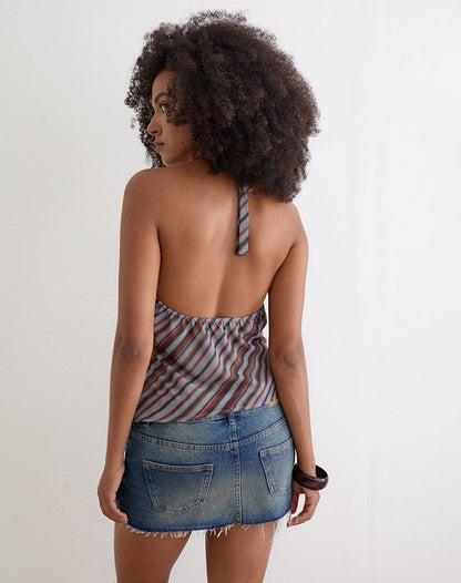Astina Halterneck Top in Chiffon Grey and Maroon Diagonal Stripe