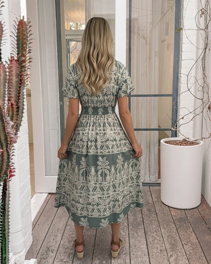 Armenia Dress - Green Print | Women's Printed Midi Dress