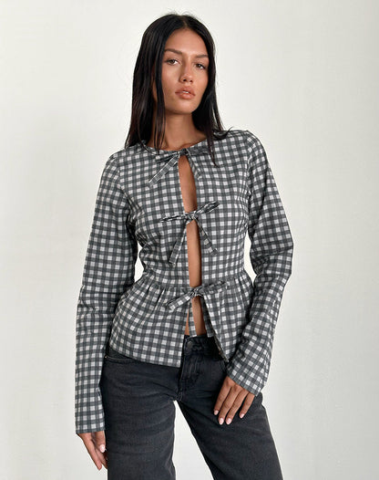 Bertaria Long Sleeve Top in Tonal Gingham Black and Grey