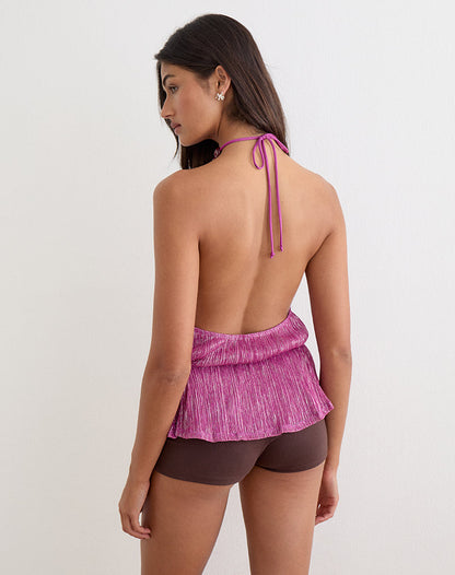 Bherita Top with Beads in Shimmer Plisse Hot Pink
