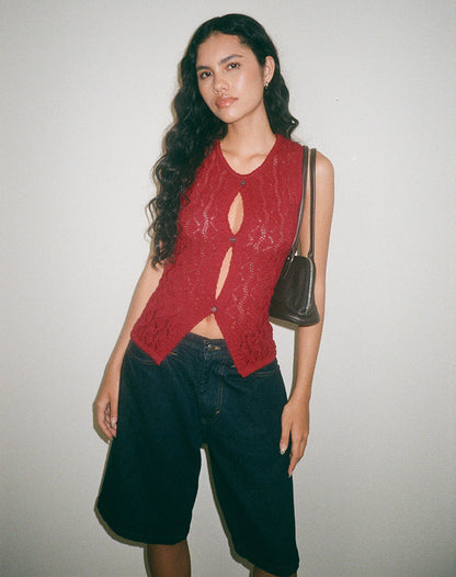 Birama Button Tank Top in Knit Red