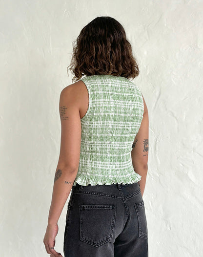 Birita Shirred Top in Table Cloth Neo Mint