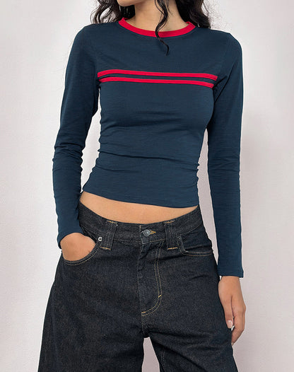Bonjita Top in Navy with Tango Red Binding