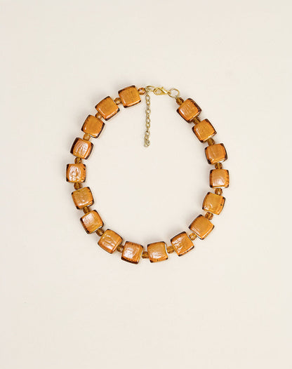 Brown Square Beaded Gold Plated Necklace