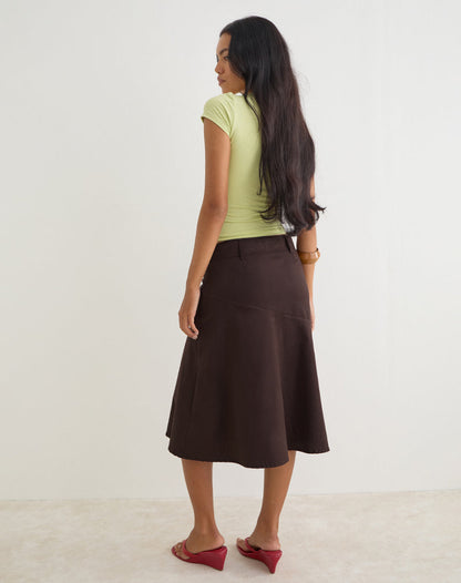 Cabot Midi Skirt with Belt in Cotton Twill Bitter Chocolate