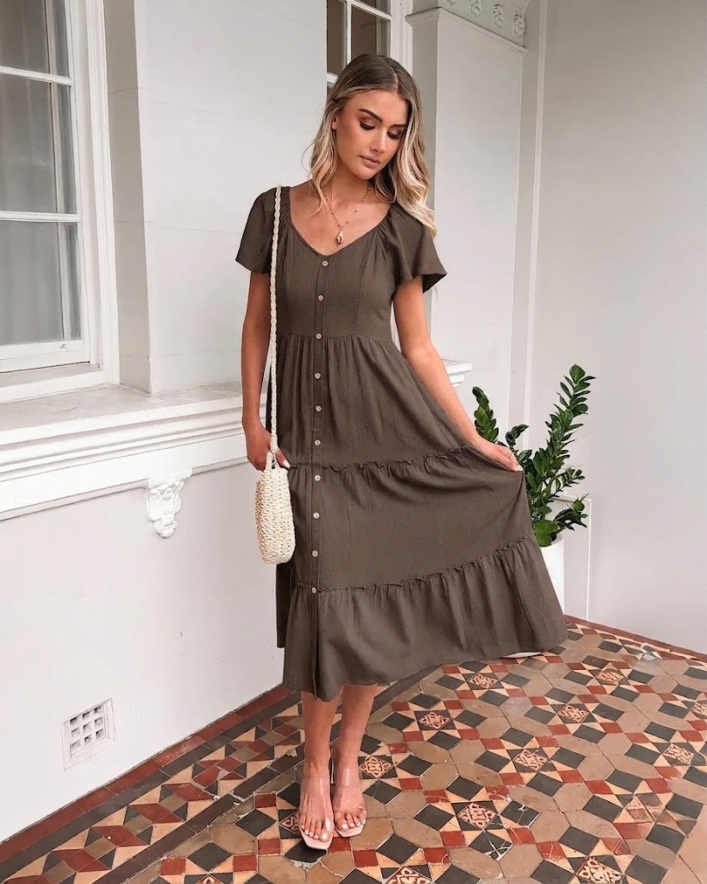 Celie Cocoa Dress | Women's Linen Midi Dress