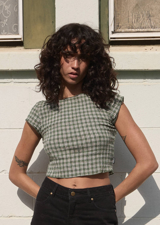 AFENDS Womens Darcy - Seersucker Top - Deep Green Check