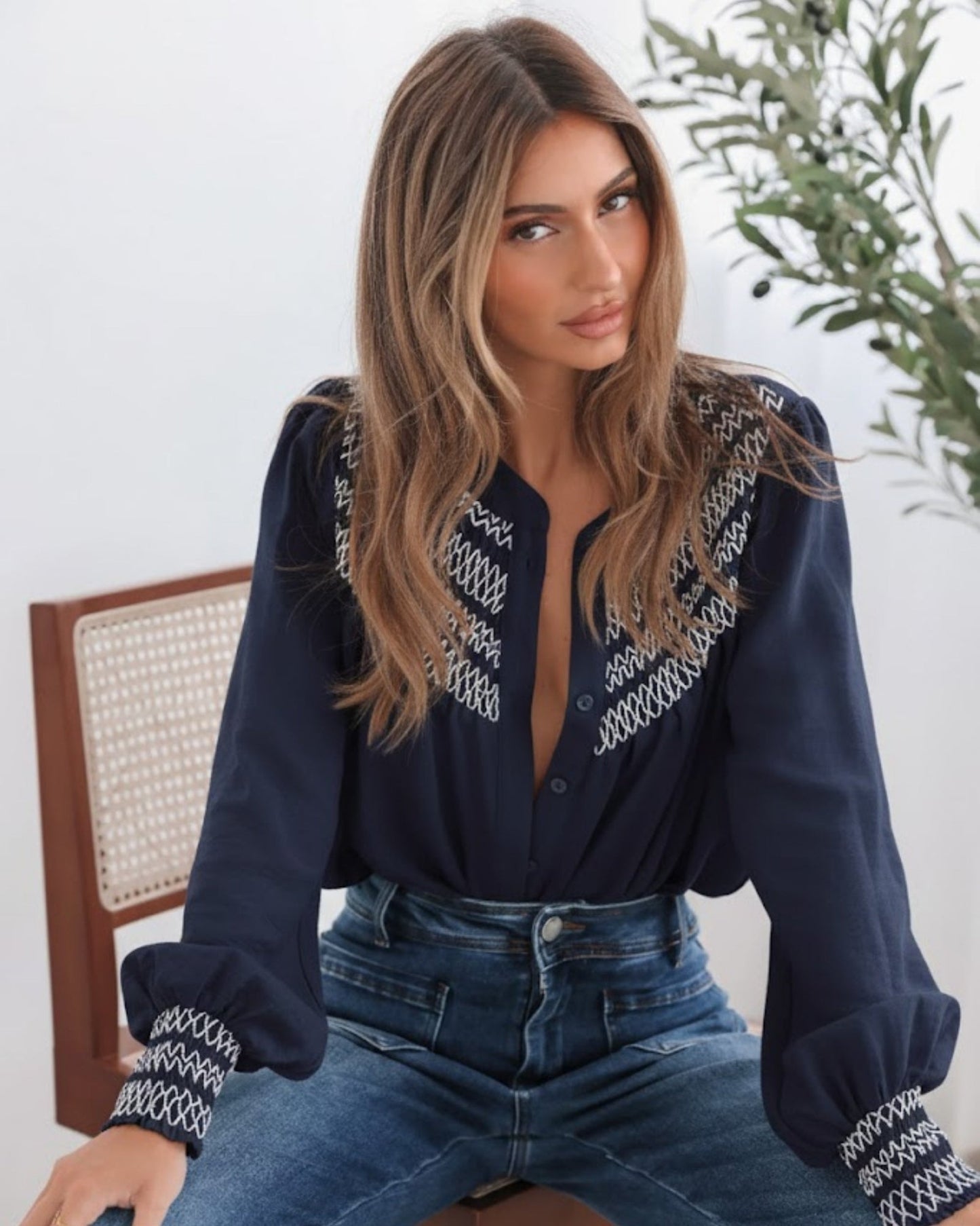 Dareia Blouse Navy Print | Women's Printed Button-Up Blouse