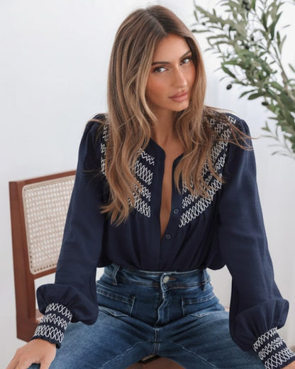 Dareia Blouse Navy Print | Women's Printed Button-Up Blouse
