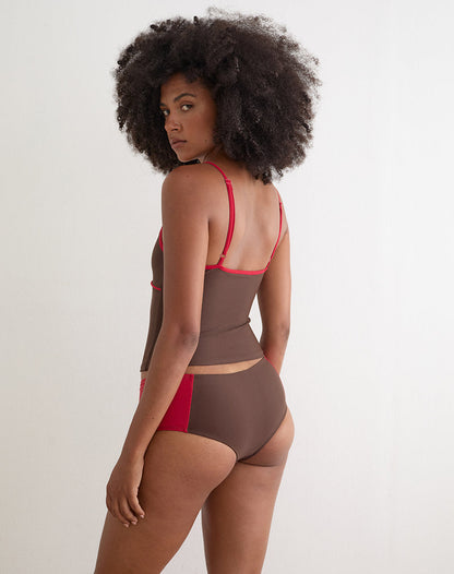 Avilina Swim Short in Brown with Red Binding