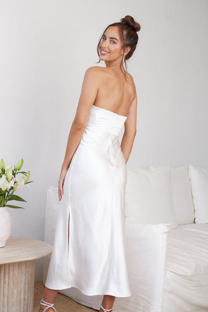 Giavanna White Dress | Women's Strapless Satin Midi Dress
