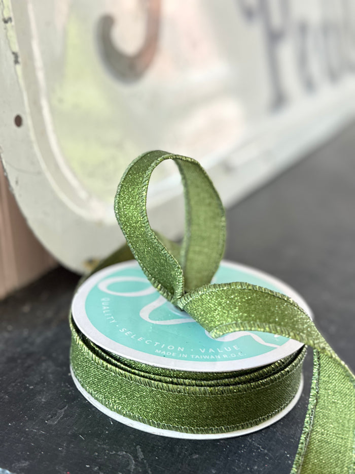 Soft Olive Green 7/8 x 10yd Fine Glitter on Royal Ribbon