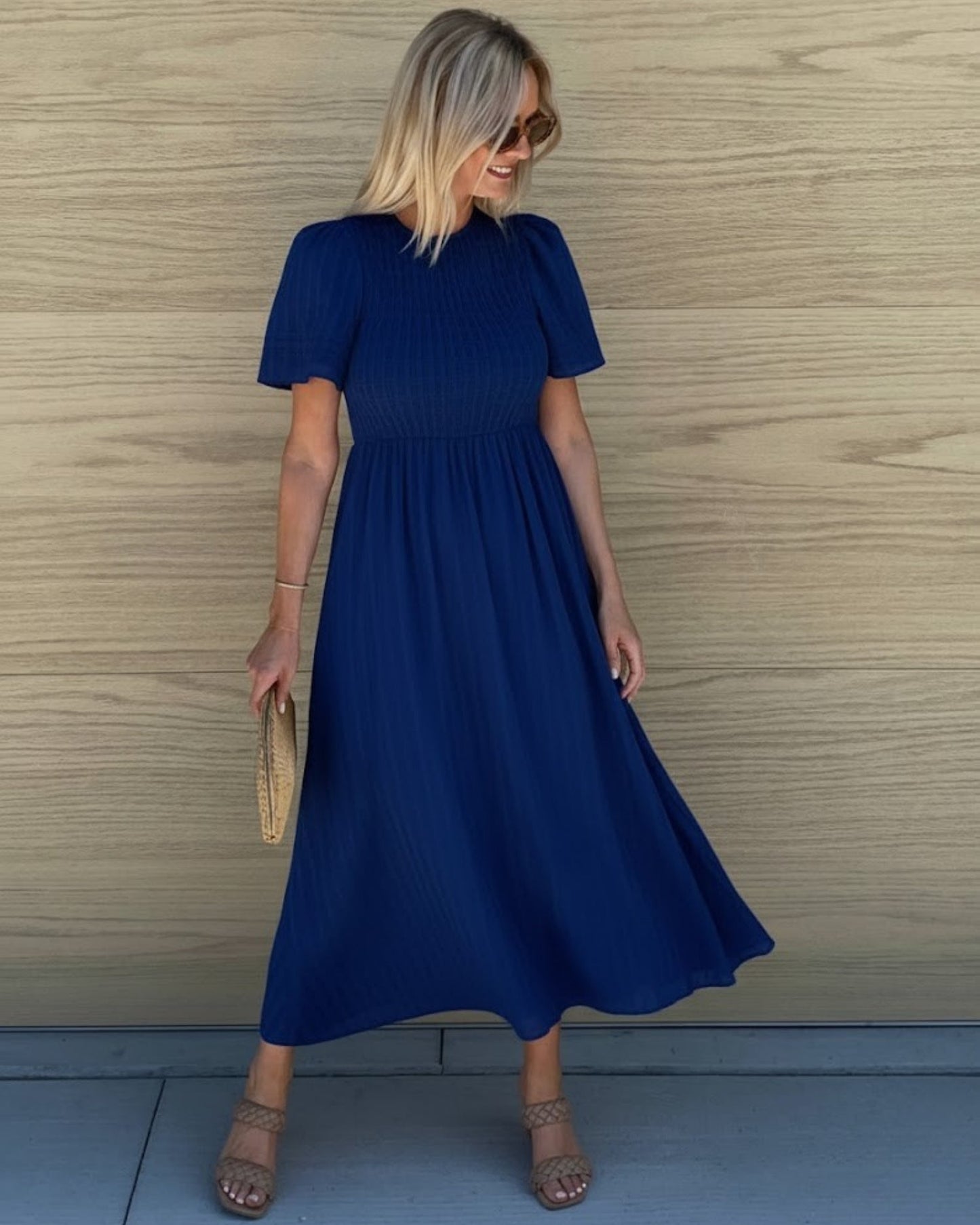 Iolana Dress Navy | Women's Shirred A-Line Midi Dress