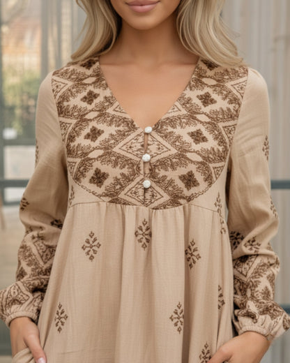 Jenayah Tan Print Dress | Women's Printed Midi Dress