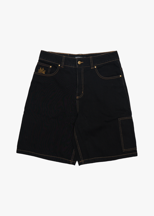 AFENDS Mens Scorched Harper - Denim Baggy Workwear Short 22" - Washed Black