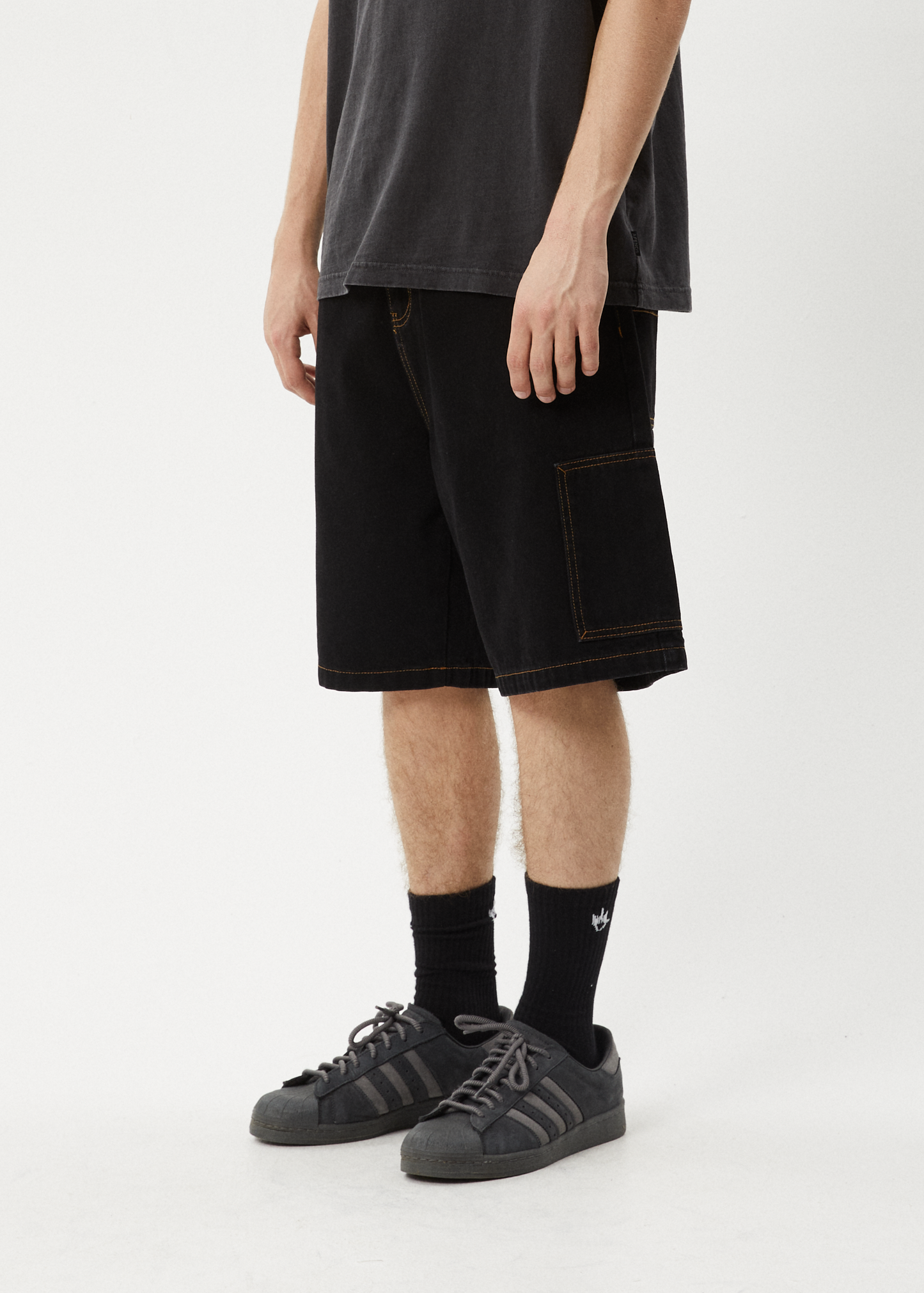 AFENDS Mens Scorched Harper - Denim Baggy Workwear Short 22" - Washed Black