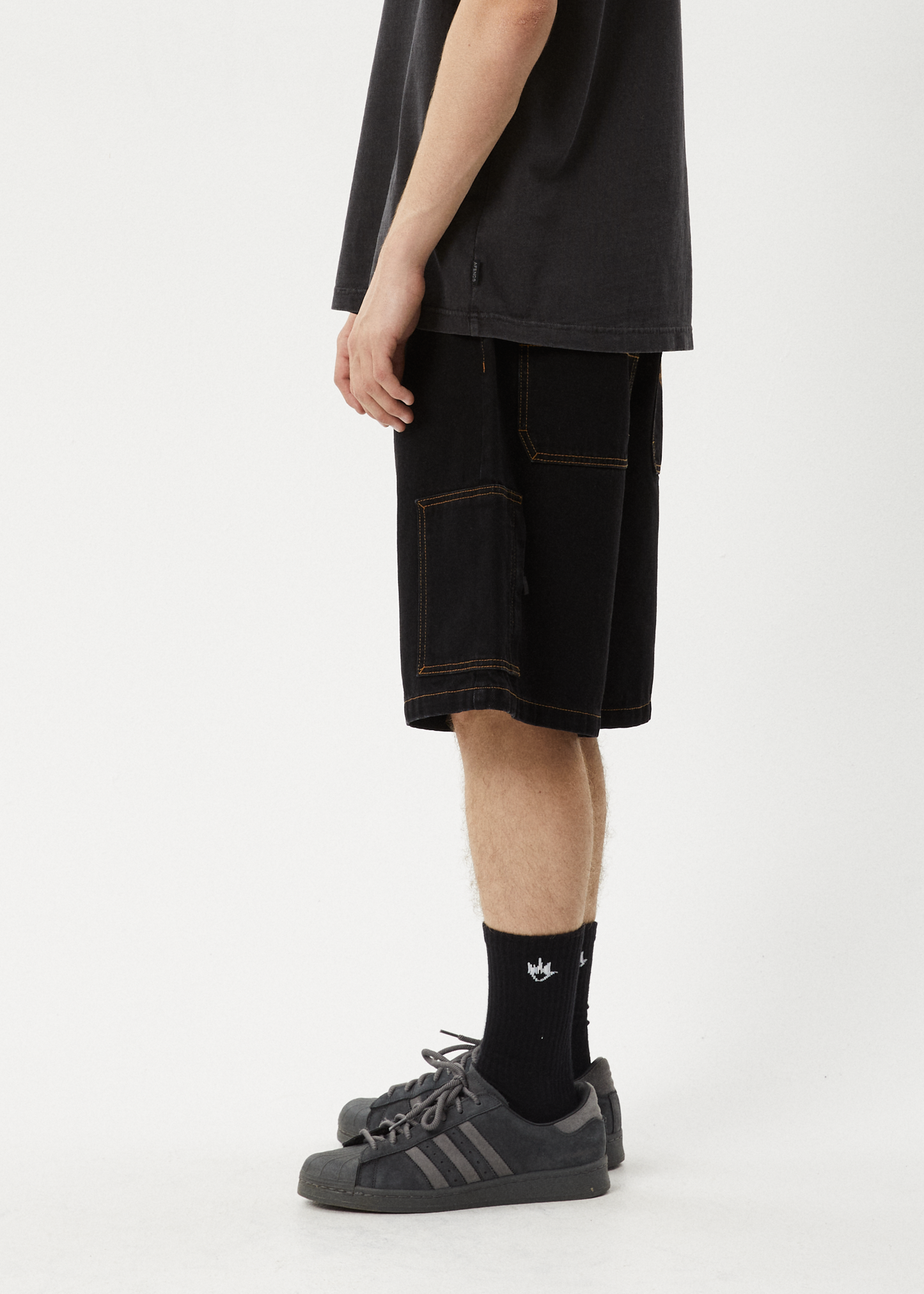 AFENDS Mens Scorched Harper - Denim Baggy Workwear Short 22" - Washed Black