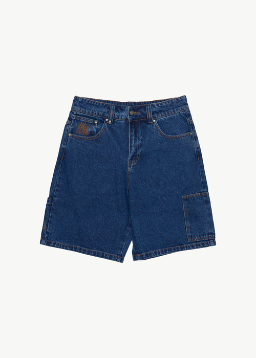 AFENDS Mens Scorched Harper - Denim Baggy Workwear Short 22" - Authentic Blue