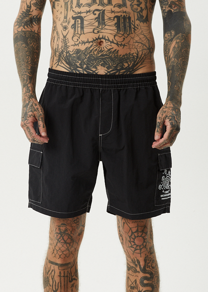 AFENDS Mens Cosmic - Cargo Baywatch Swim Short 18" - Black