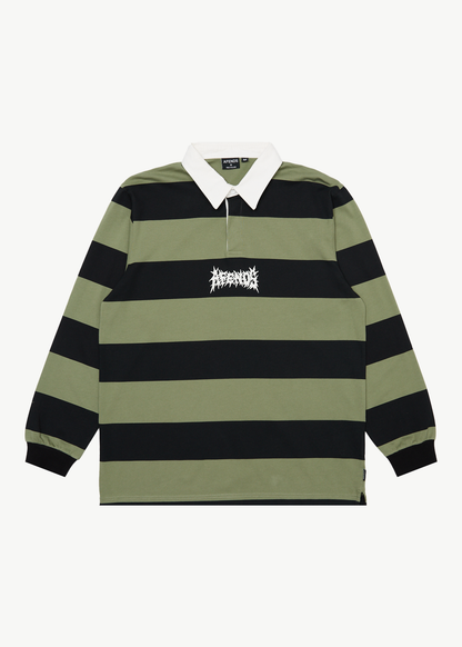 AFENDS Mens Mental - Rugby Long Sleeve Tee - Oil Green