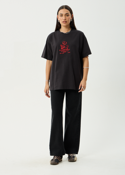 AFENDS Mens Flower Patch - Heavyweight Boxy Tee - Stone Black