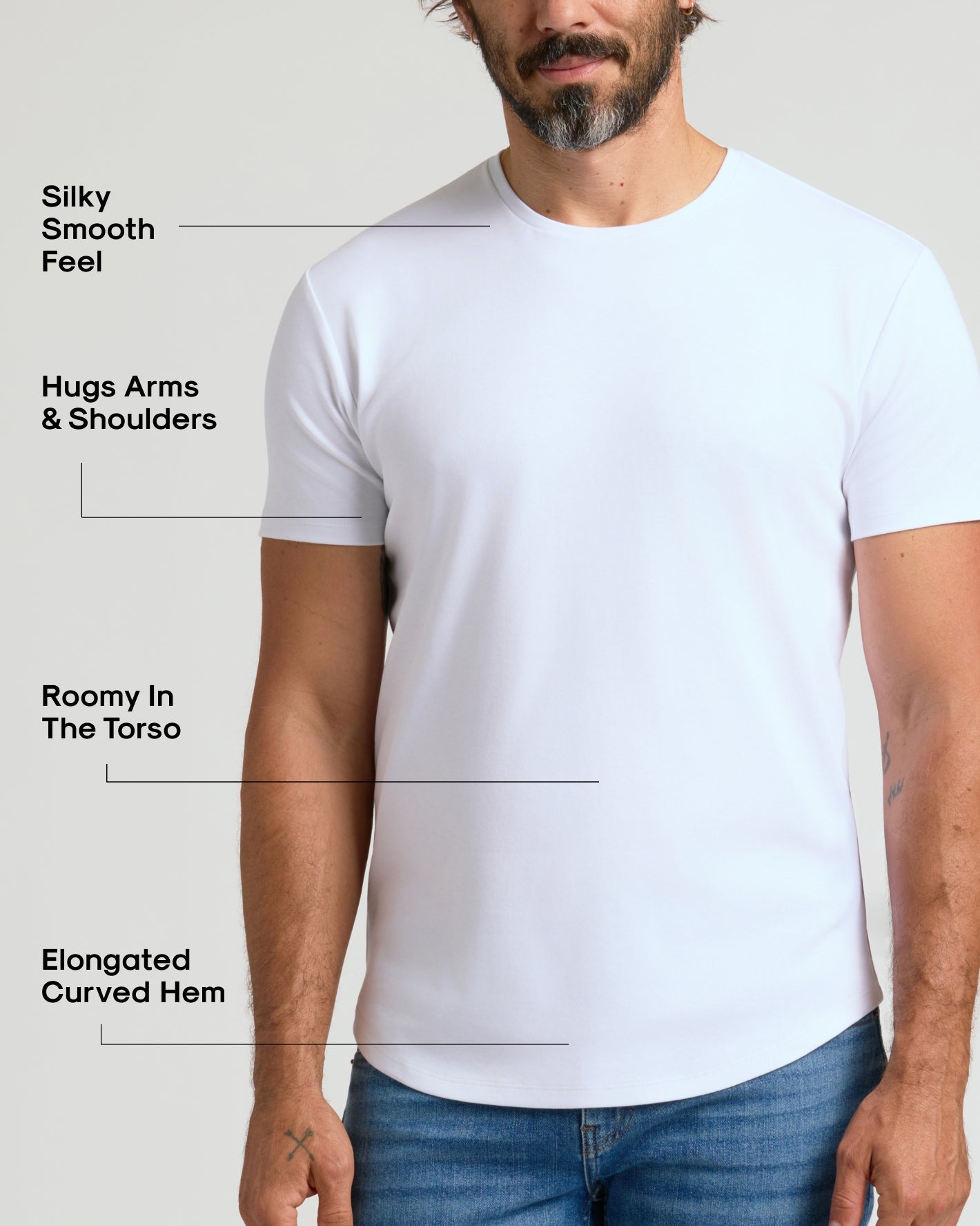 White Pima Cotton Blend Curved Hem Crew