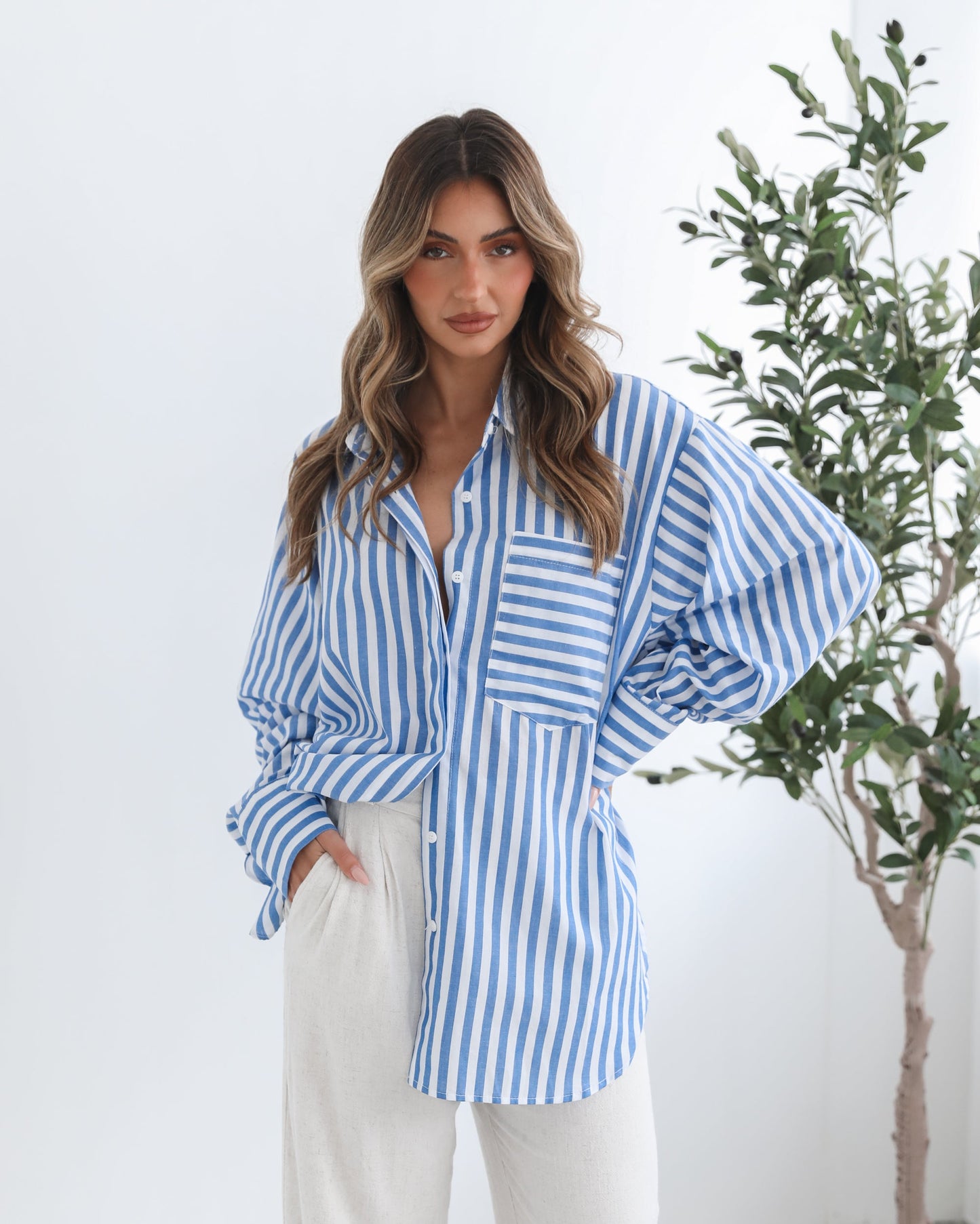 Raiana Blue Stripe Shirt | Women's One Shoulder Shirt