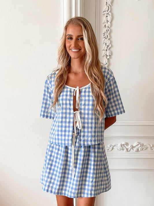Revan Blue Check Skirt | Women's High Waisted A-Line Mini Skirt