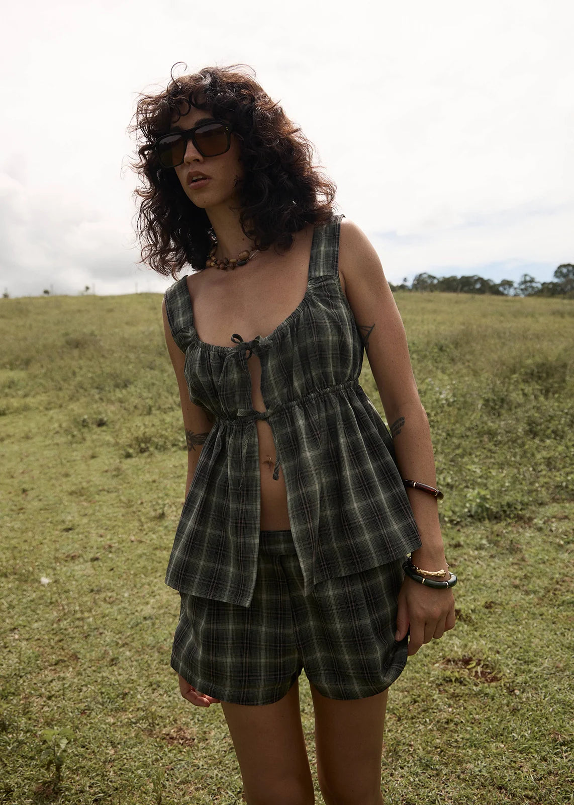 AFENDS Womens Jonah - Tie Top - Deep Olive Check