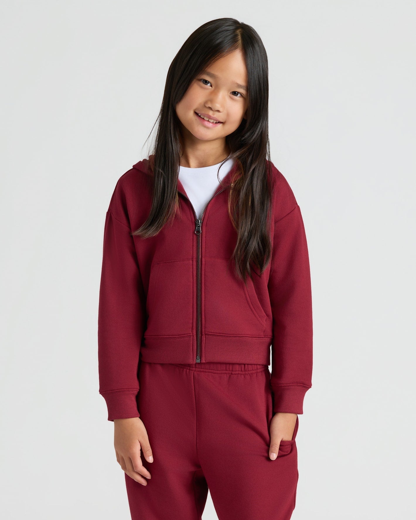 Girls Dark Maroon Cropped Zip Hoodie & Relaxed Joggers 2-Pack