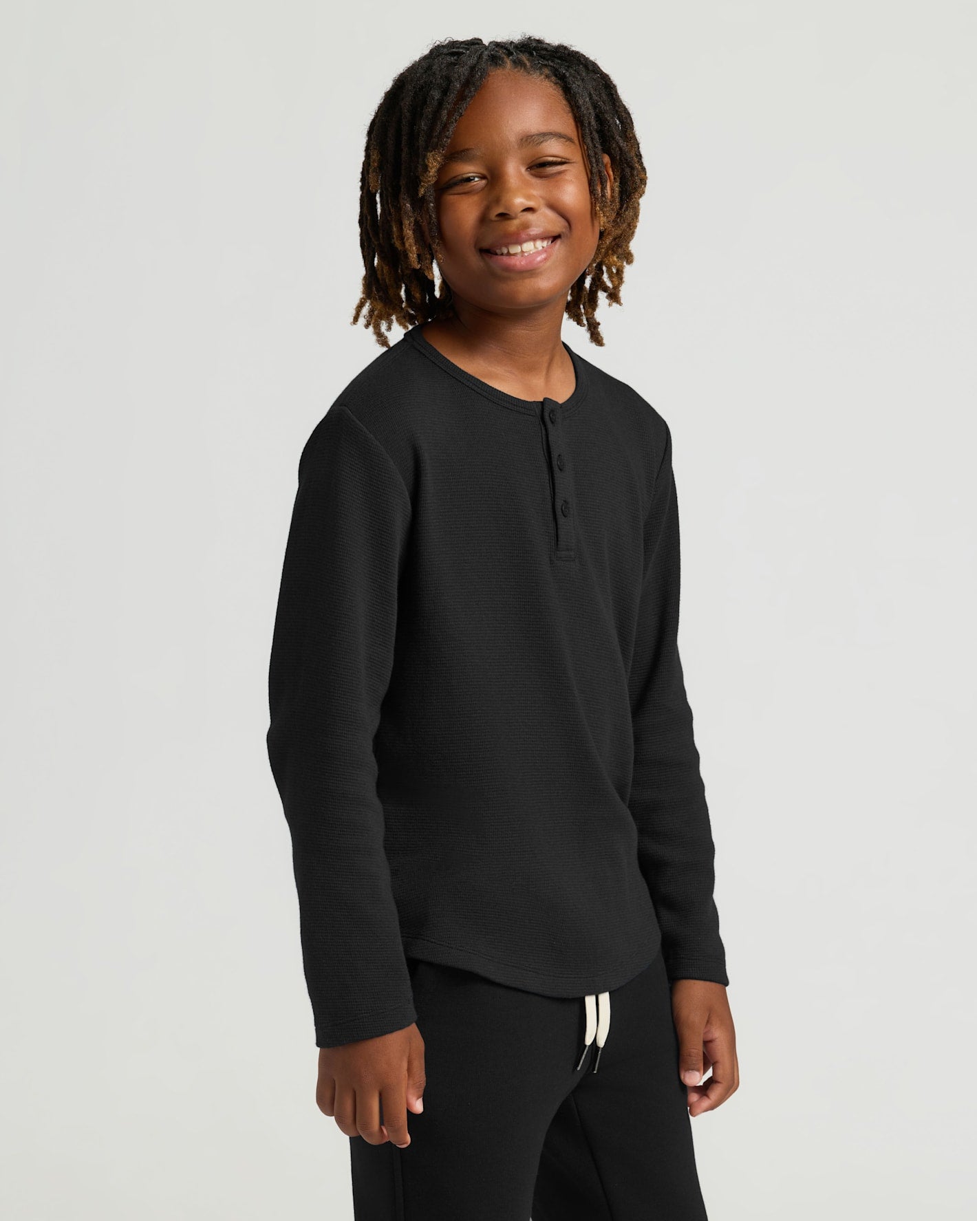 Boys' All Black Waffle Long Sleeve Curved Hem Henley 6-Pack