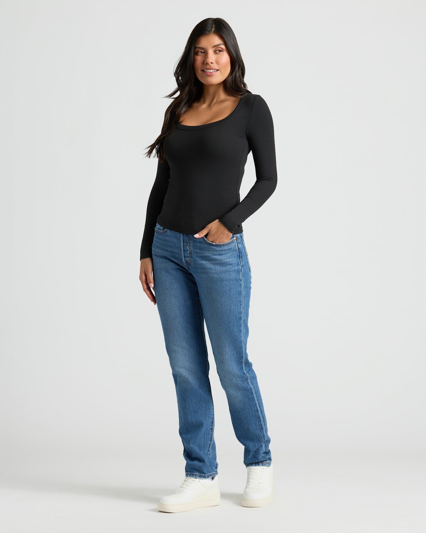 Womens Black Ribbed Long Sleeve Scoop Neck Tee