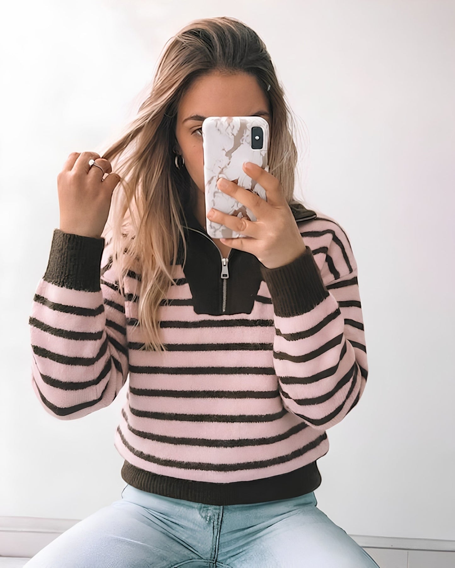 Tanner Pink Stripe Half Zip Knit | Women's Quarter Zip Knit Jumper
