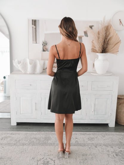 Tytania Dress - Black | Women's Satin Sweetheart Mini Dress