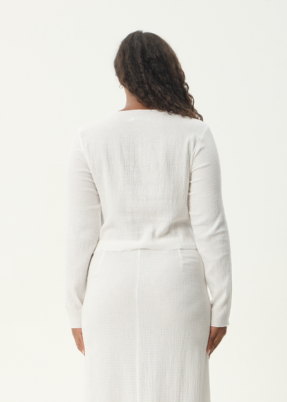 AFENDS Womens Focus - Seersucker Long Sleeve Top - Off White